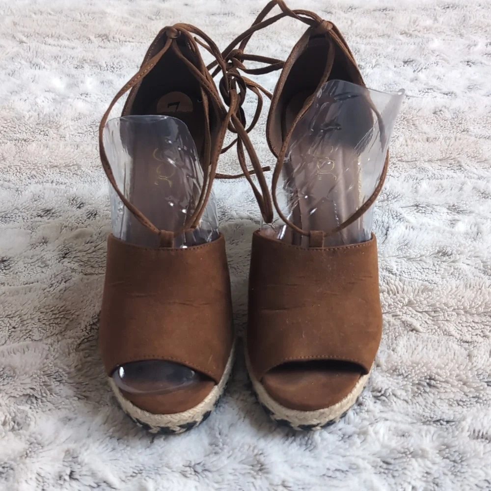 Sugar Faux Suede Shayla Espadrille Wedge Tie Brown Espadrille Sandals
